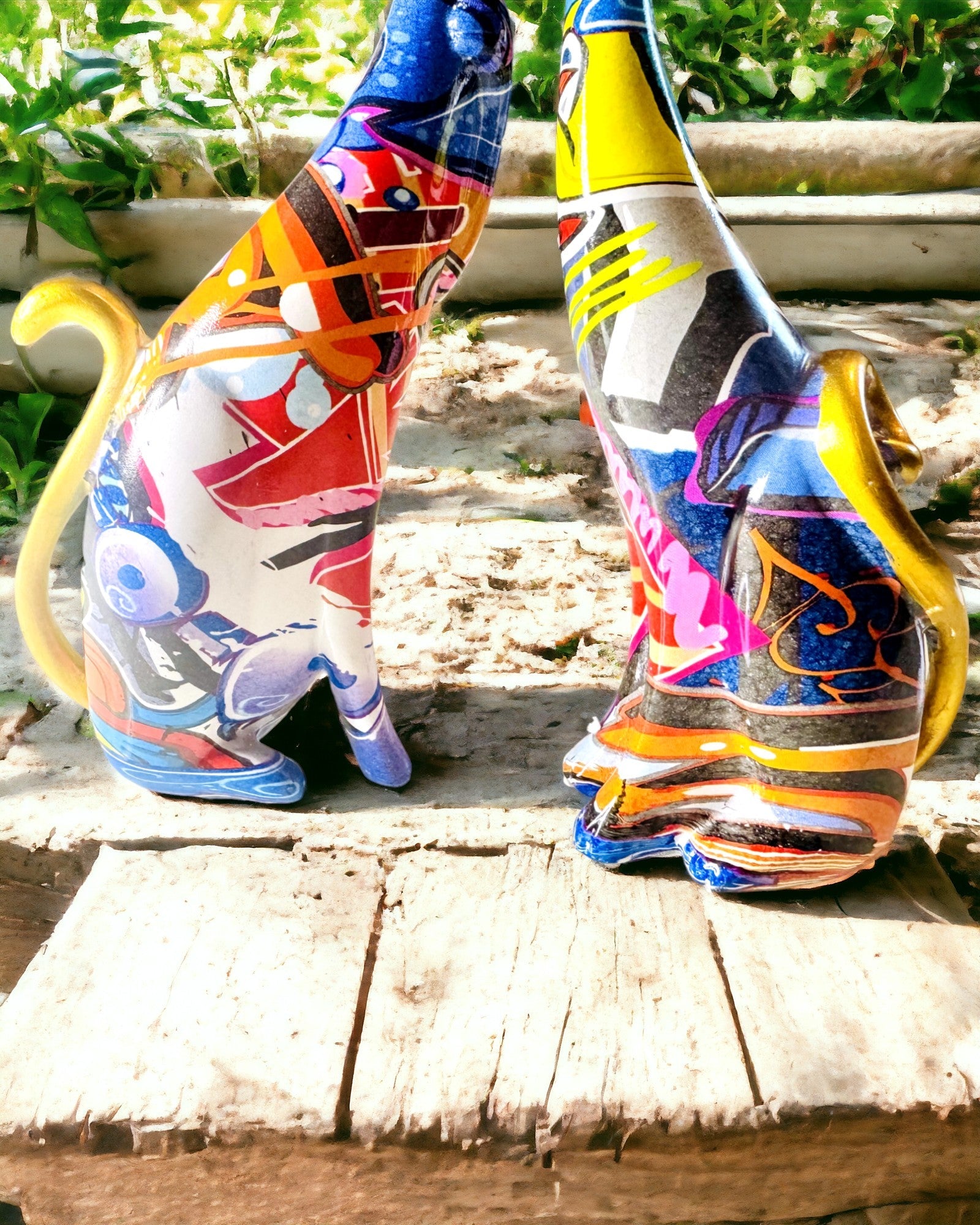 Abstrakte Kattefigurer "ArtCats", Håndmalte, Harpiks – 25 cm, 2 stk.