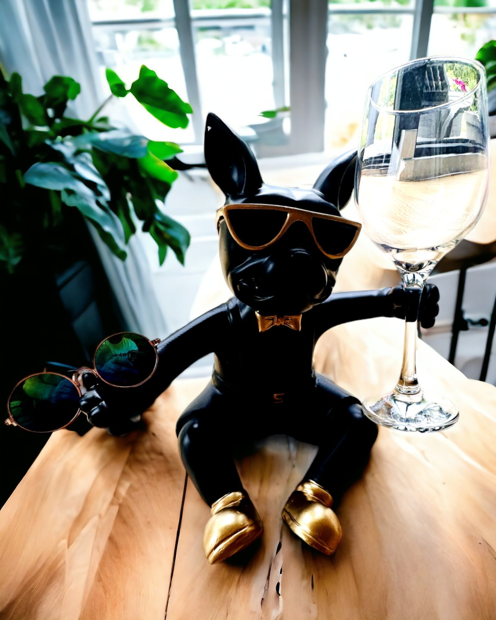 Eksklusiv Figur "Stilig Bulldog", svart farge, stativ for vinglass eller champagneglass, personlig tilpasning med gravering